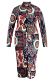 Burgundy Fashion Print Patchwork Turndown Collar Pencil Skirt Plus Size Dresses