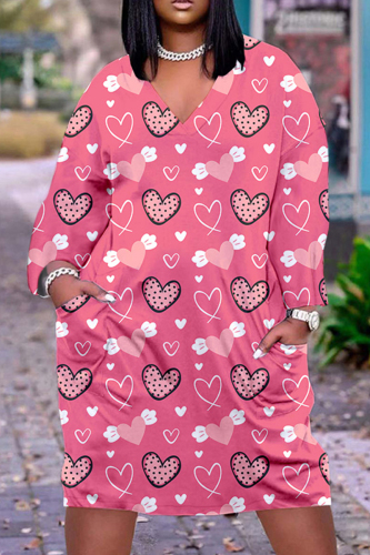 Valentine's Day Pink Casual Print Basic V Neck Long Sleeve Dresses