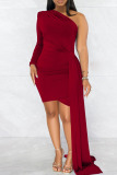 Rose Red Sexy Solid Patchwork Asymmetrical Oblique Collar Pencil Skirt Dresses