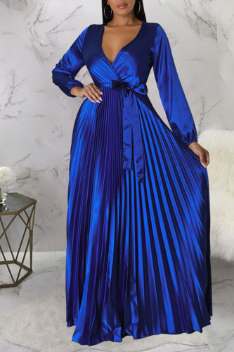Colorful Blue Casual Elegant Solid Bandage Patchwork Fold V Neck Straight Dresses
