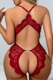 Burgundy Sexy Solid Hollowed Out See-through Backless Lingerie