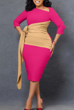Red Elegant Print Bandage Patchwork Fold Asymmetrical Collar One Step Skirt Dresses