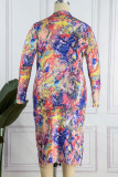 Colour Casual Print Patchwork O Neck One Step Skirt Plus Size Dresses