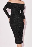 Black Sexy Solid Patchwork Backless Off the Shoulder Long Sleeve Dresses