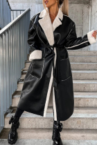 Black Elegant College Solid Frenulum With Belt Solid Color Turndown Collar Outerwear