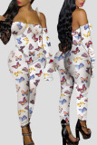 Milky Sexy Print Patchwork Off the Shoulder Skinny Jumpsuits