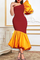 Red Elegant Solid Patchwork Fold Oblique Collar Trumpet Mermaid Dresses