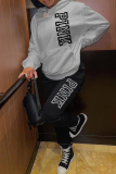 Black Casual Letter Print Patchwork Basic Hooded Collar Long Sleeve Two Pieces