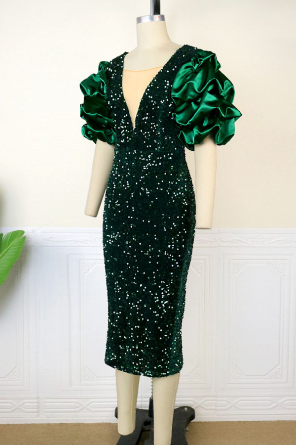 Elegant Solid Bandage Sequins Patchwork V Neck Evening Dress Dresses main image 1