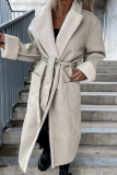 Cream White Elegant College Solid Frenulum With Belt Solid Color Turndown Collar Outerwear
