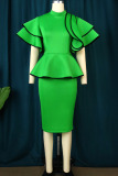 Green Casual Solid Patchwork Flounce O Neck One Step Skirt Dresses