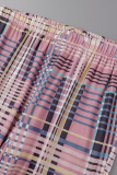 Pink Casual Plaid Print Patchwork Buckle Turndown Collar Plus Size Two Pieces
