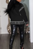 Black Casual Patchwork Cardigan V Neck Outerwear