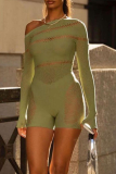 Green Sexy Solid Hollowed Out One Shoulder Skinny Rompers