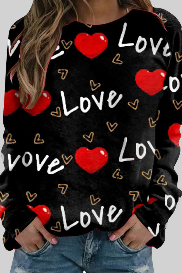 Valentine's Day Black Casual Print Patchwork O Neck Tops