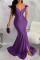 Purple Sexy Solid Patchwork Feathers V Neck Evening Dress Dresses