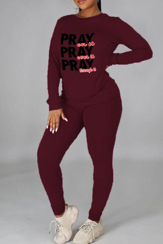 Burgundy Casual Print Patchwork O Neck Long Sleeve Two Pieces