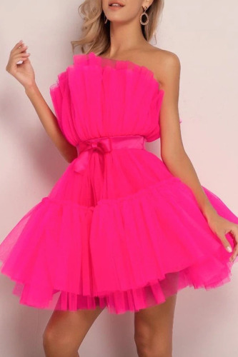 Rose Red Sexy Elegant Solid Patchwork Strapless Princess Dresses