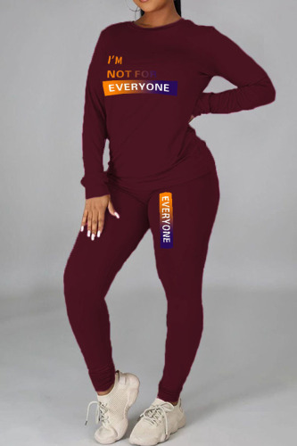 Burgundy Casual Street Print Patchwork O Neck Long Sleeve Two Pieces