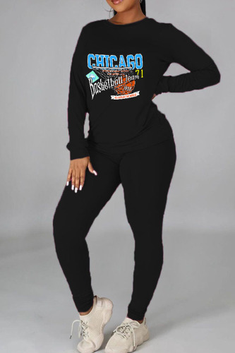 Black Casual Street Print Patchwork O Neck Long Sleeve Two Pieces