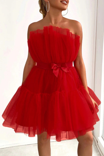 Red Sexy Elegant Solid Patchwork Strapless Princess Dresses