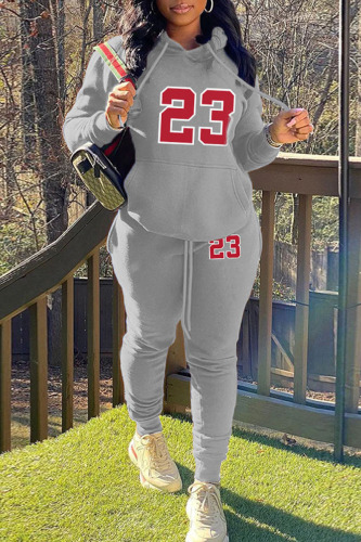 Grey Casual Print Patchwork Hooded Collar Long Sleeve Two Pieces