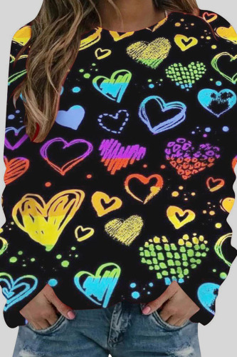 Valentine's Day Colour Casual Print Patchwork O Neck Tops