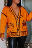 Orange Casual Patchwork Cardigan V Neck Outerwear