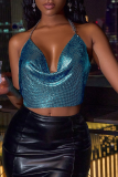 Royal Blue Sexy Patchwork Sequins Chains U Neck Tops
