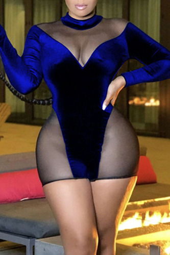 Blue Sexy Solid Patchwork See-through O Neck Regular Rompers