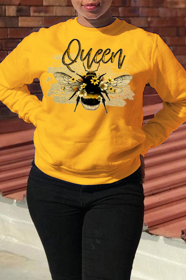 Yellow Casual Print Patchwork O Neck Tops