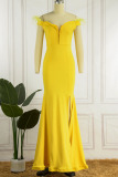 Yellow Sexy Solid Patchwork Feathers V Neck Evening Dress Dresses