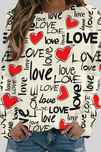 Valentine's Day White Casual Print Patchwork O Neck Tops
