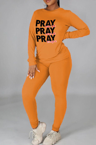 Orange Casual Print Patchwork O Neck Long Sleeve Two Pieces