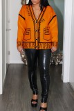 Orange Casual Patchwork Cardigan V Neck Outerwear