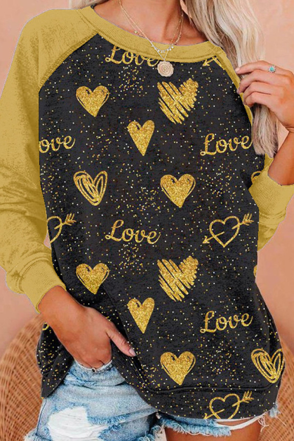 Yellow Casual Print Patchwork O Neck Tops