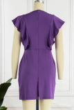 Purple Elegant Solid Patchwork Flounce O Neck One Step Skirt Dresses