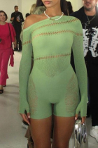 Green Sexy Solid Hollowed Out One Shoulder Skinny Jumpsuits