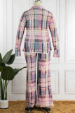 Blue Casual Plaid Print Patchwork Buckle Turndown Collar Plus Size Two Pieces