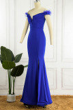 Colorful Blue Sexy Solid Patchwork Feathers V Neck Evening Dress Dresses