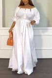 White Casual Solid Hollowed Out Off the Shoulder Long Sleeve Dresses