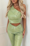 Light Green Sexy Street Solid Patchwork Oblique Collar Sleeveless Two Pieces
