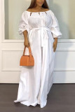 White Casual Solid Hollowed Out Off the Shoulder Long Sleeve Dresses