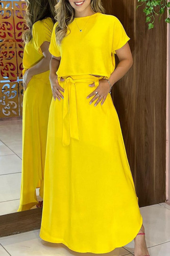 Yellow Casual Solid Patchwork O Neck Short Sleeve Two Pieces