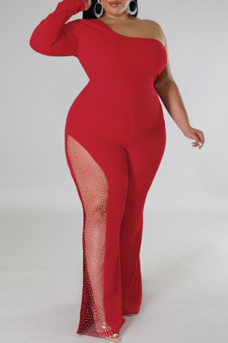 Brick Red Sexy Solid Patchwork Hot Drill Oblique Collar Plus Size Jumpsuits