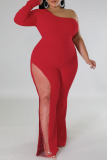 Rose Red Sexy Solid Patchwork Hot Drill Oblique Collar Plus Size Jumpsuits