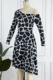Black And White Casual Print Patchwork Asymmetrical Oblique Collar Irregular Dress Dresses