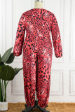 Red Sexy Street Print Leopard Patchwork Without Belt V Neck Plus Size Jumpsuits(Without Belt)