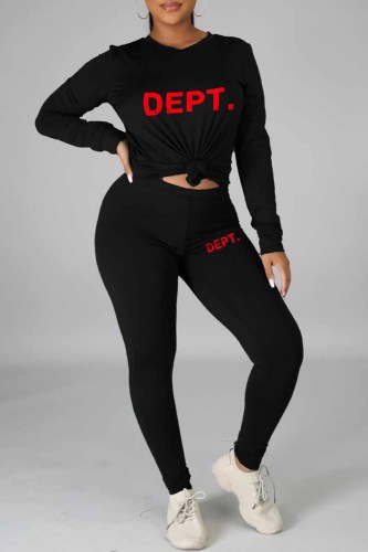 Black Casual Print Letter O Neck Long Sleeve Two Pieces