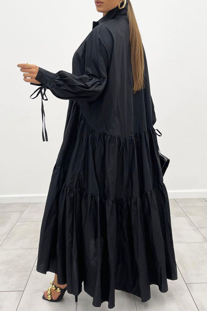 Casual Solid Pocket Buckle Turndown Collar Dresses